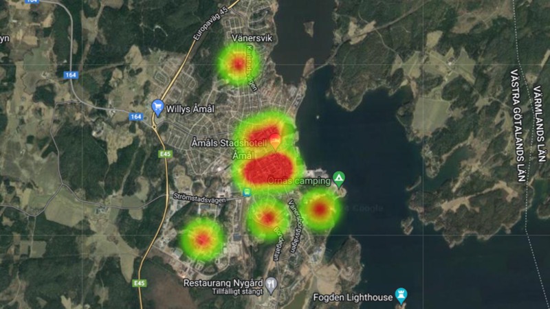 Heatmap  kartbild, ju varmare färg desto mer inrapporterade händelser i området